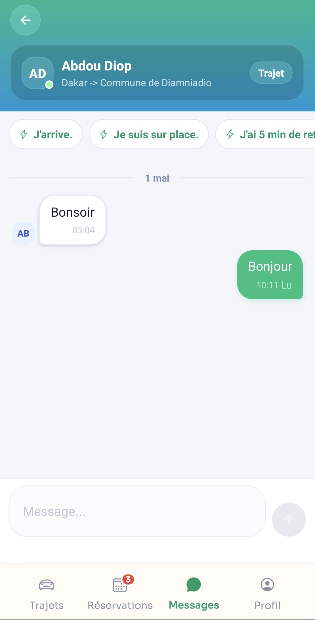 Messagerie de trajet avec réponses rapides