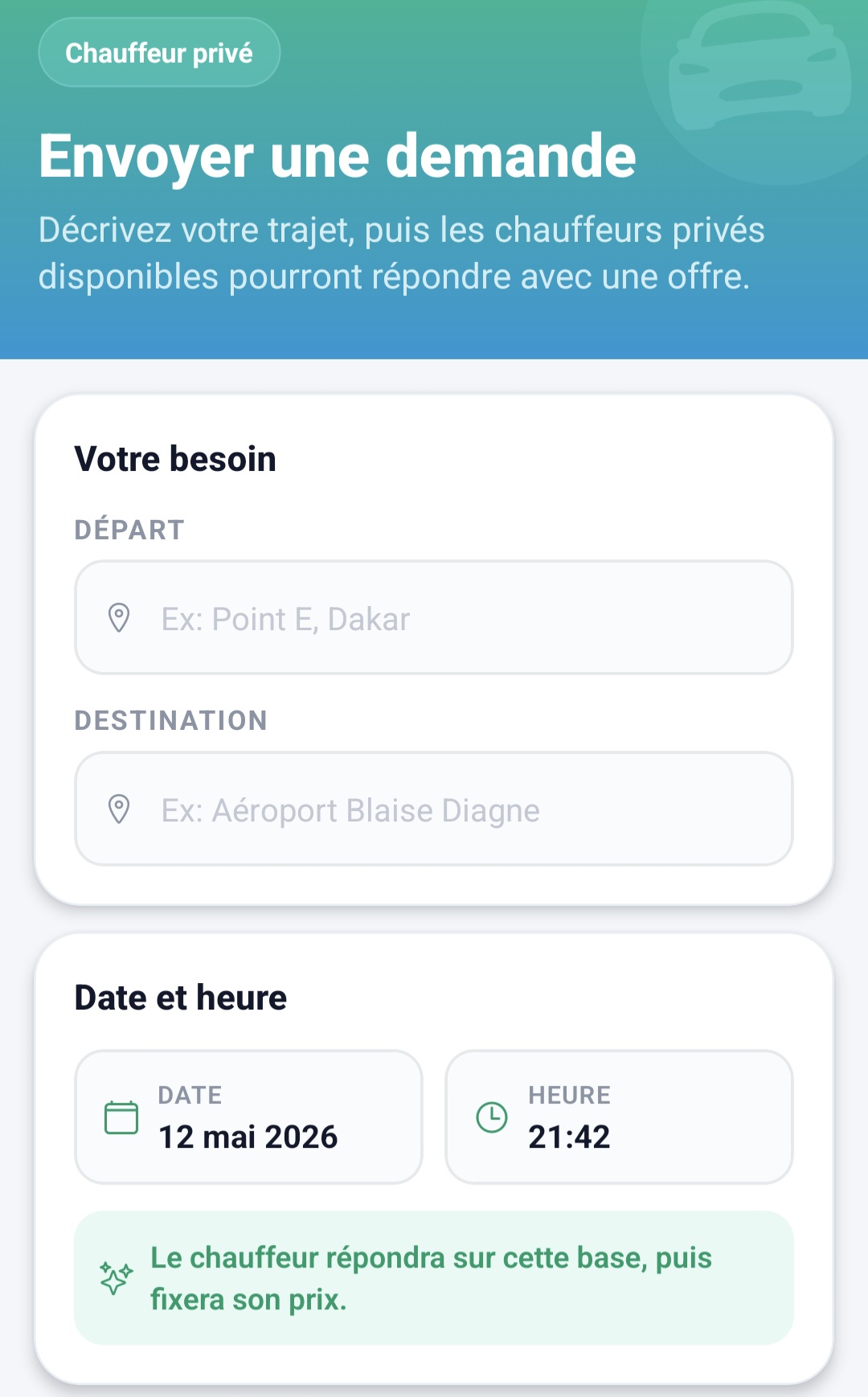 Demande de chauffeur privé avec départ, destination, date et heure
