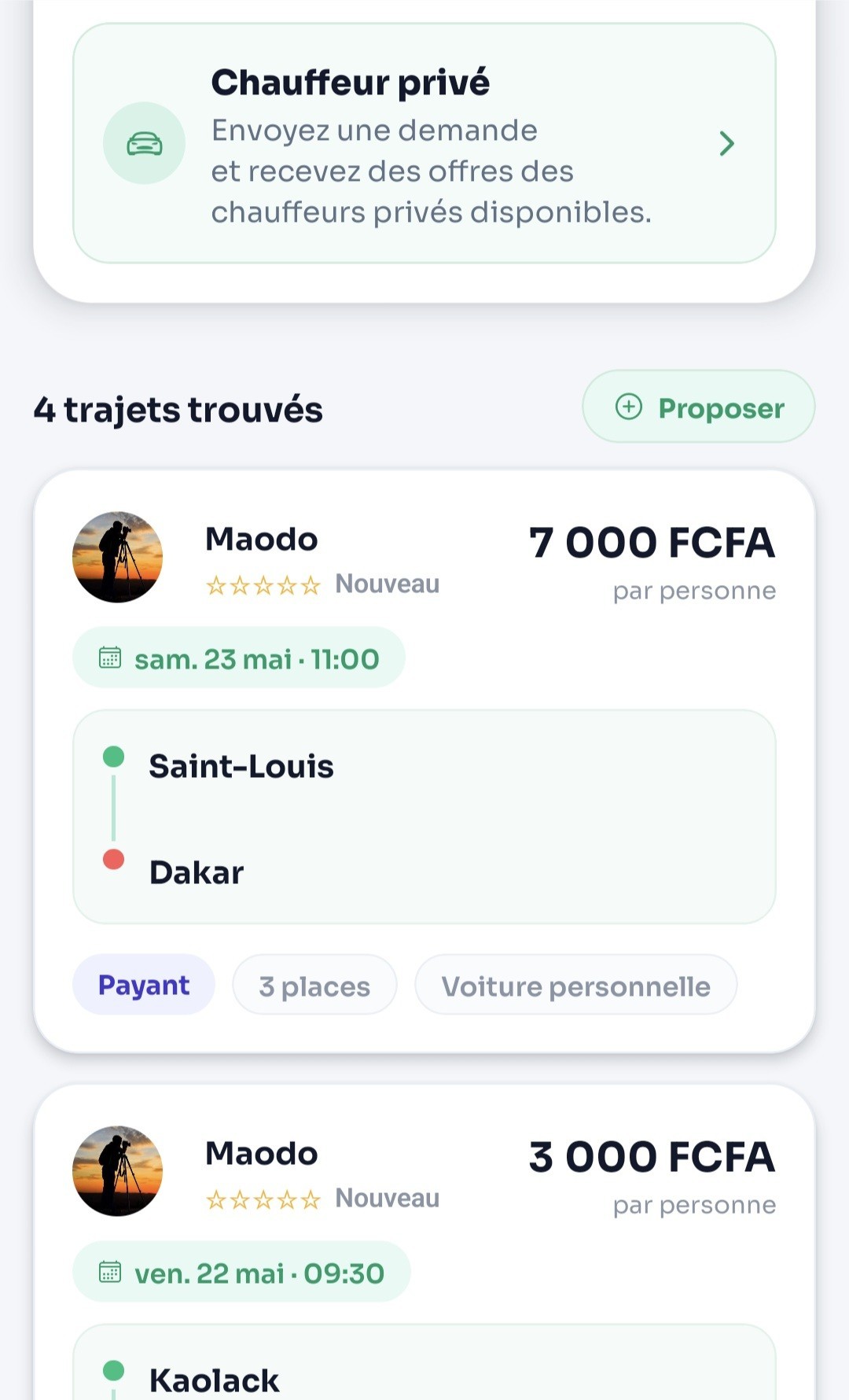 Résultat de covoiturage avec prix, note, date et itinéraire