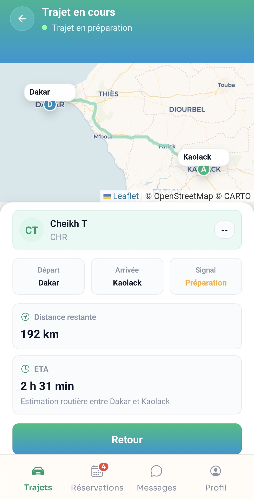 Suivi de trajet avec carte, distance restante et ETA