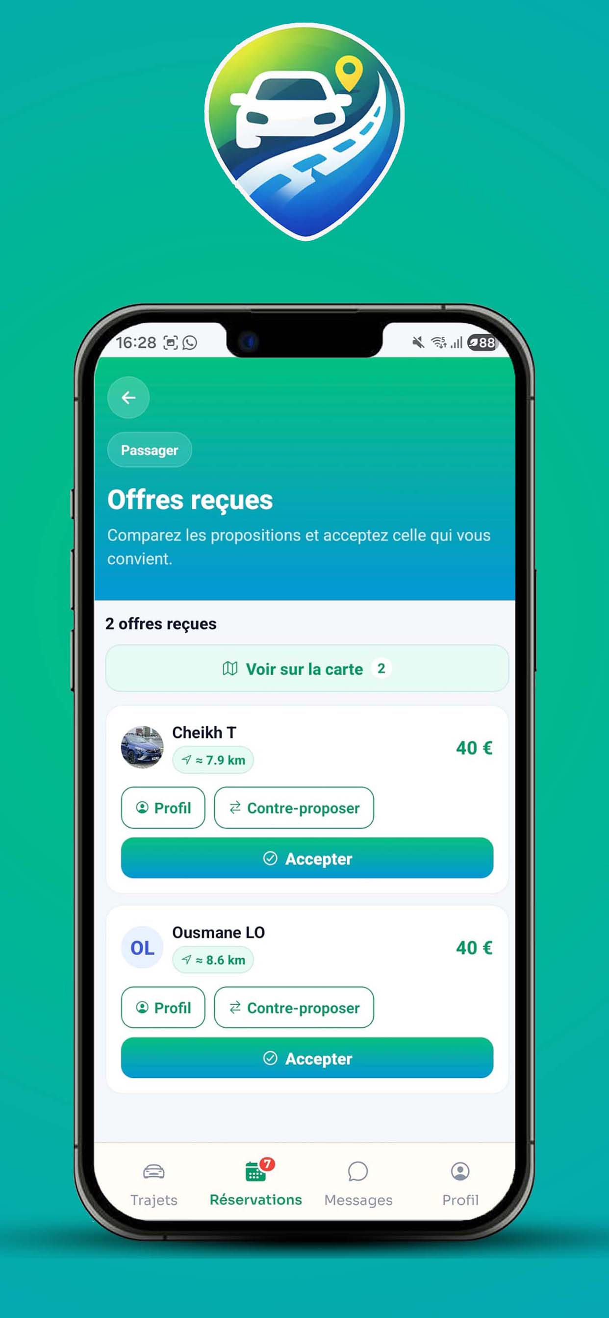 Comparaison des offres reçues avec profil, distance, prix et bouton accepter